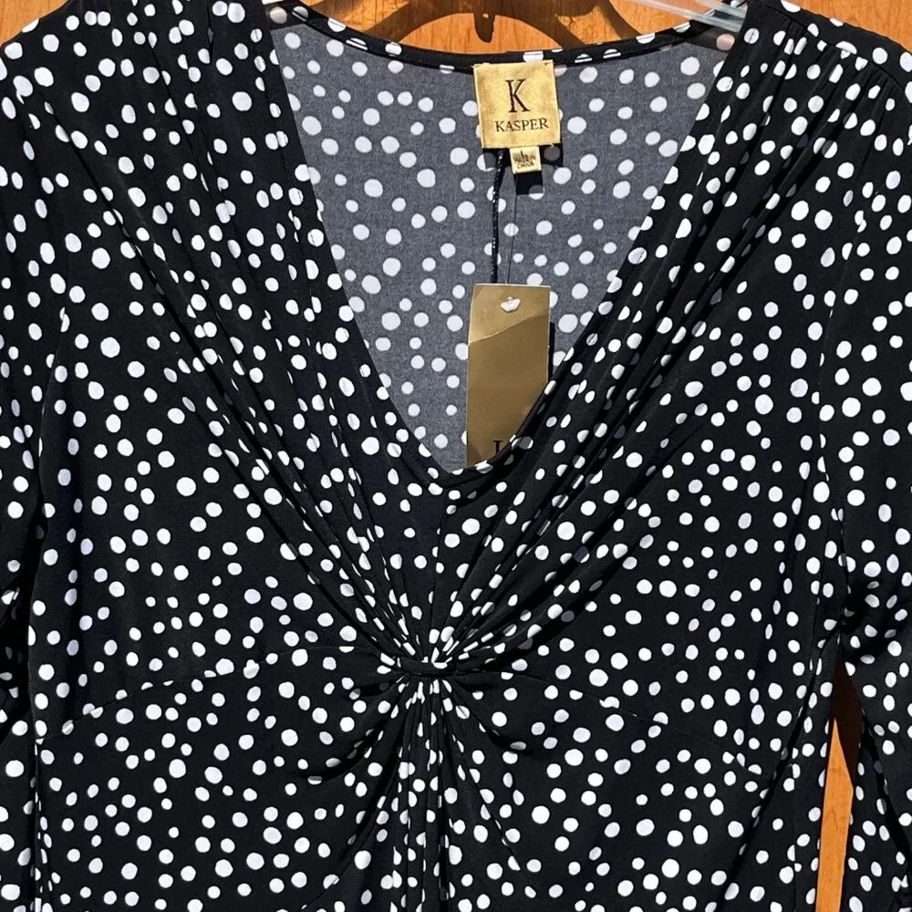 Kasper Womens Knot Front Polka Dot Dress Black & White Polyester/Elastane Size L